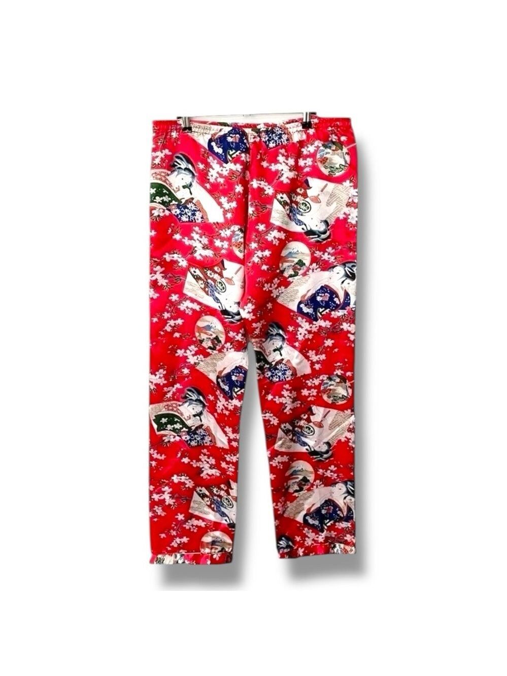 Japanese Geisha Cherry Blossom Satin Pajama Pants Red Floral Women’s Small